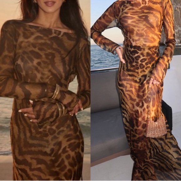 RETROFETE Vienna Silk Sheer Long Sleeve Open Back Animal Print Maxi Dress Sz S - Picture 2 of 9